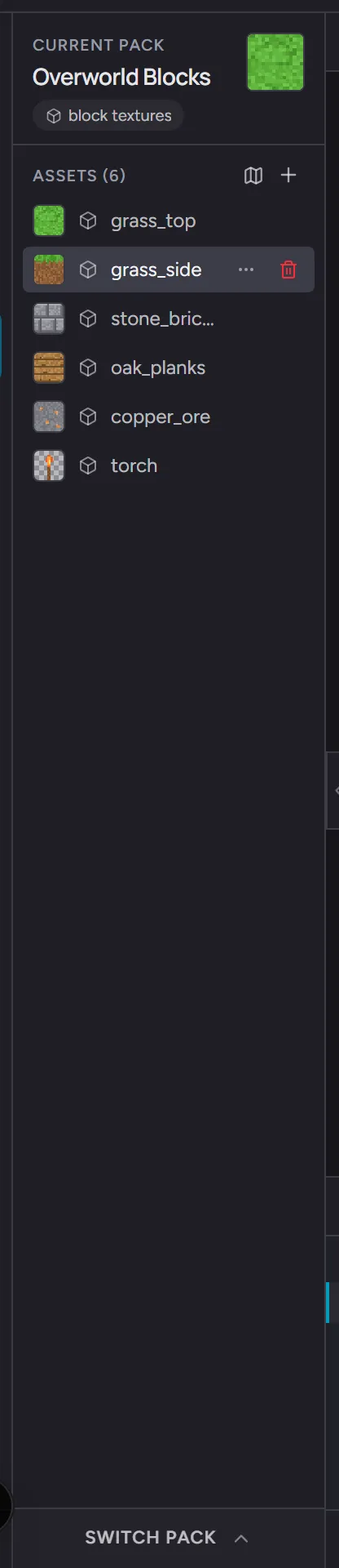 The assets panel - the pack header up top, six assets as thumbnail rows, and the active row showing its kebab menu and delete affordances
