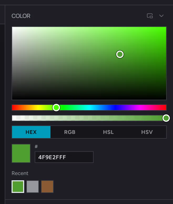 The Color section - HSV picker, hue and alpha sliders, the hex input, and the recent-colors strip
