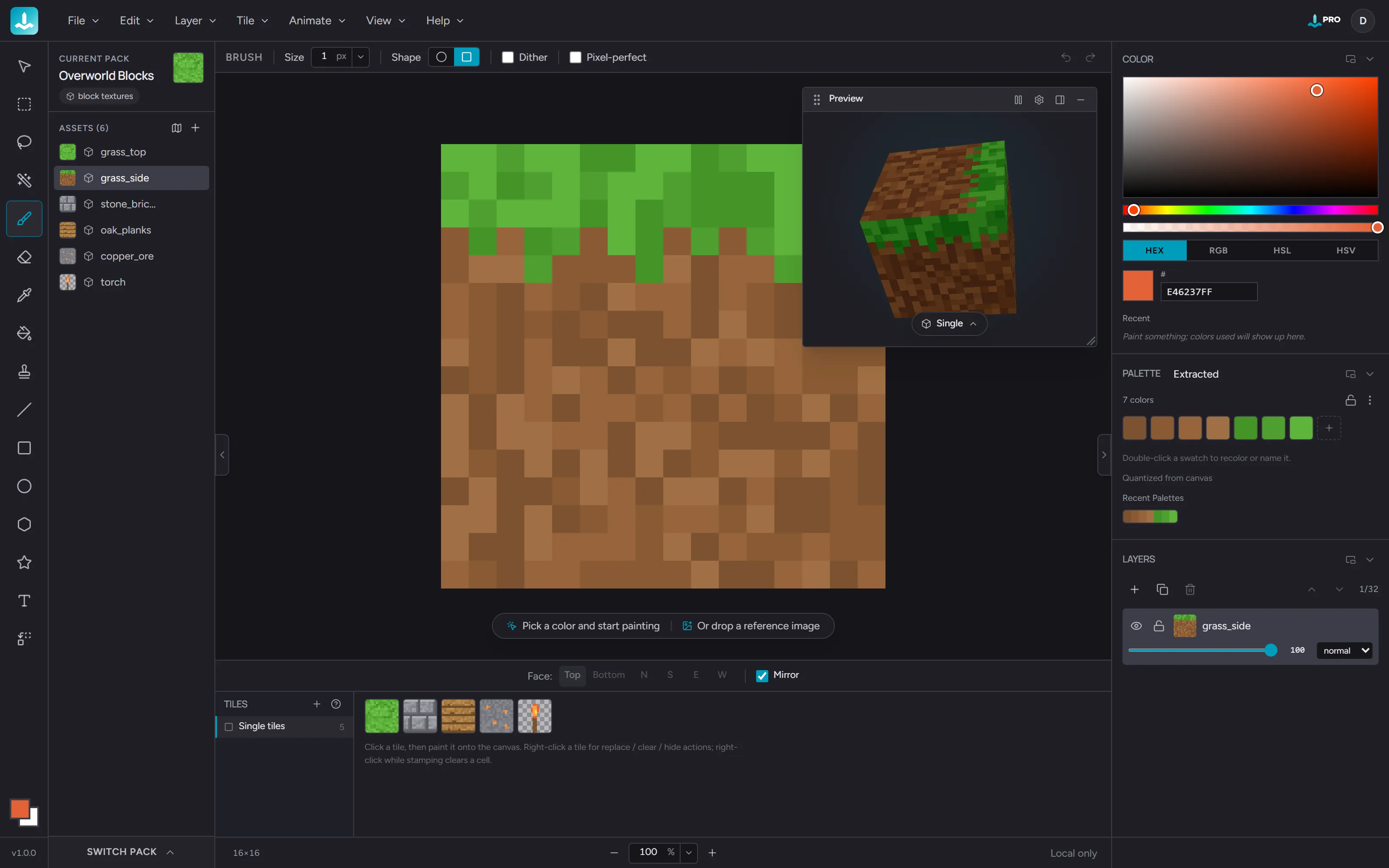 The Hexcalibur editor mid-project - tool rail on the left, asset switcher and a grass texture on the canvas, the 3D preview top-right, and the Studio panel with Color, Palette, and Layers on the right