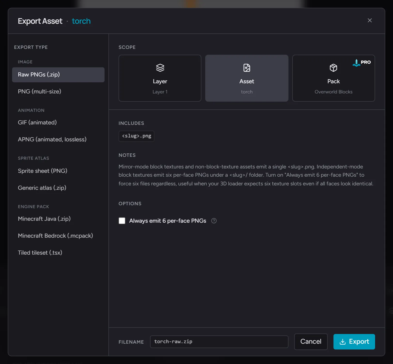 The Export dialog - the intent-grouped engine sidebar on the left, the Layer / Asset / Pack scope cards up top, and the notes, options, and filename below