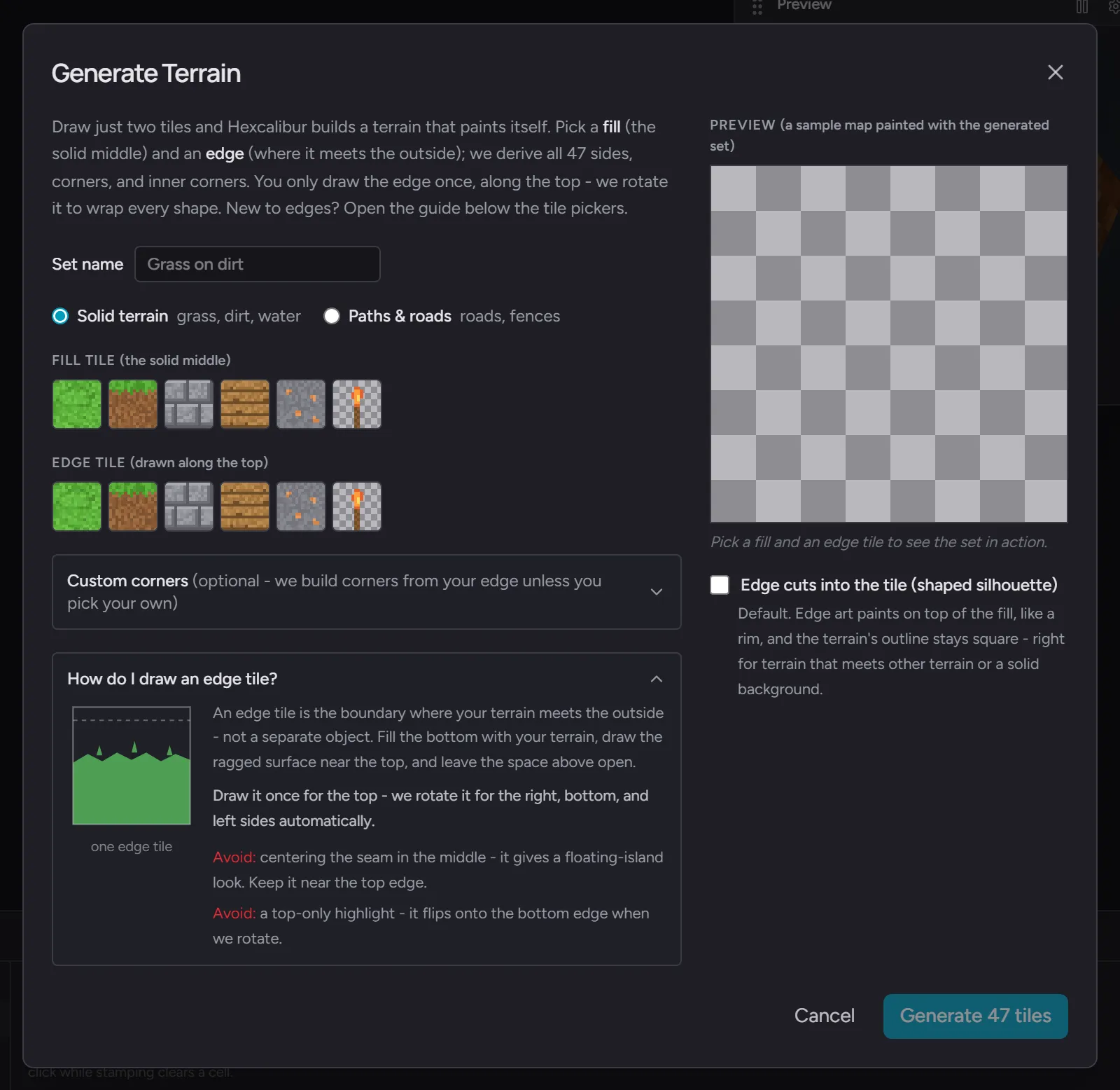 The Generate Terrain dialog - fill and edge tile pickers, the terrain type choice, the edge-tile guide, and the live preview panel