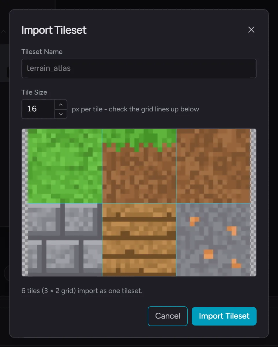 The Import Tileset dialog - the sheet with the live slicing grid over it, the Tile Size input, and the tile-count summary line