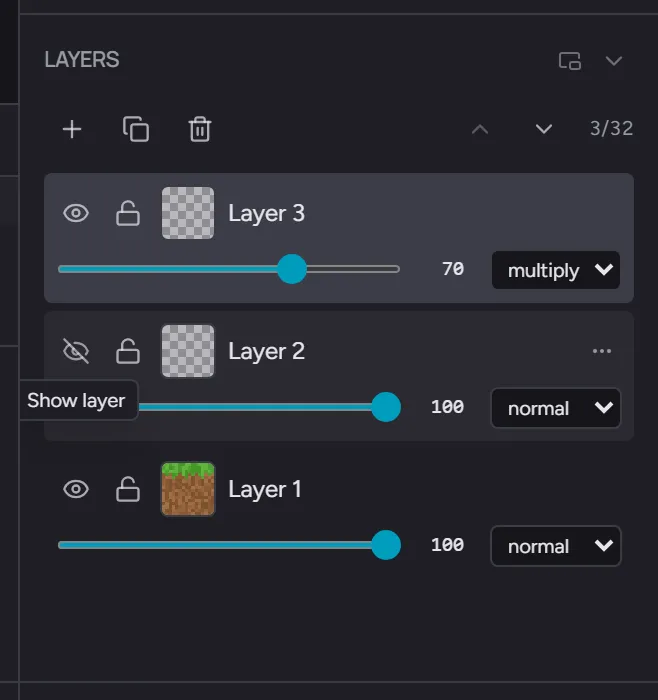 The Layers section with three layers - the top layer at 70% opacity with the Multiply blend mode, the middle layer hidden, and the bottom layer holding the artwork