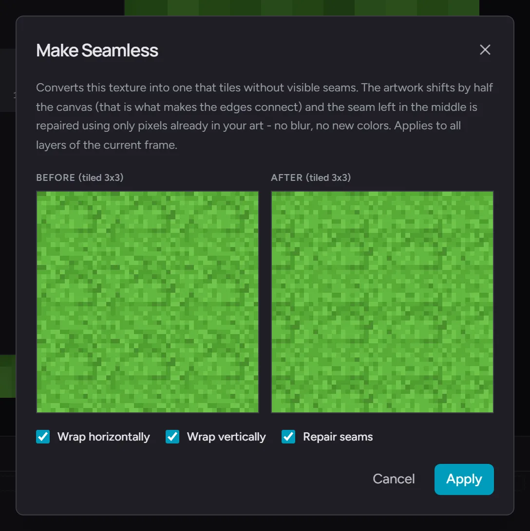 The Make Seamless dialog - before and after previews tiled 3x3, with the Wrap horizontally, Wrap vertically, and Repair seams toggles