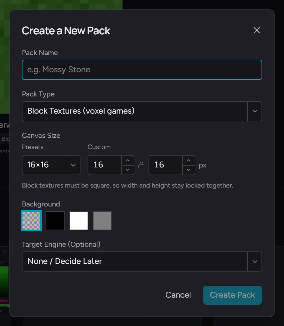 The New Pack modal with fields for name, pack type, canvas size, background, and target engine
