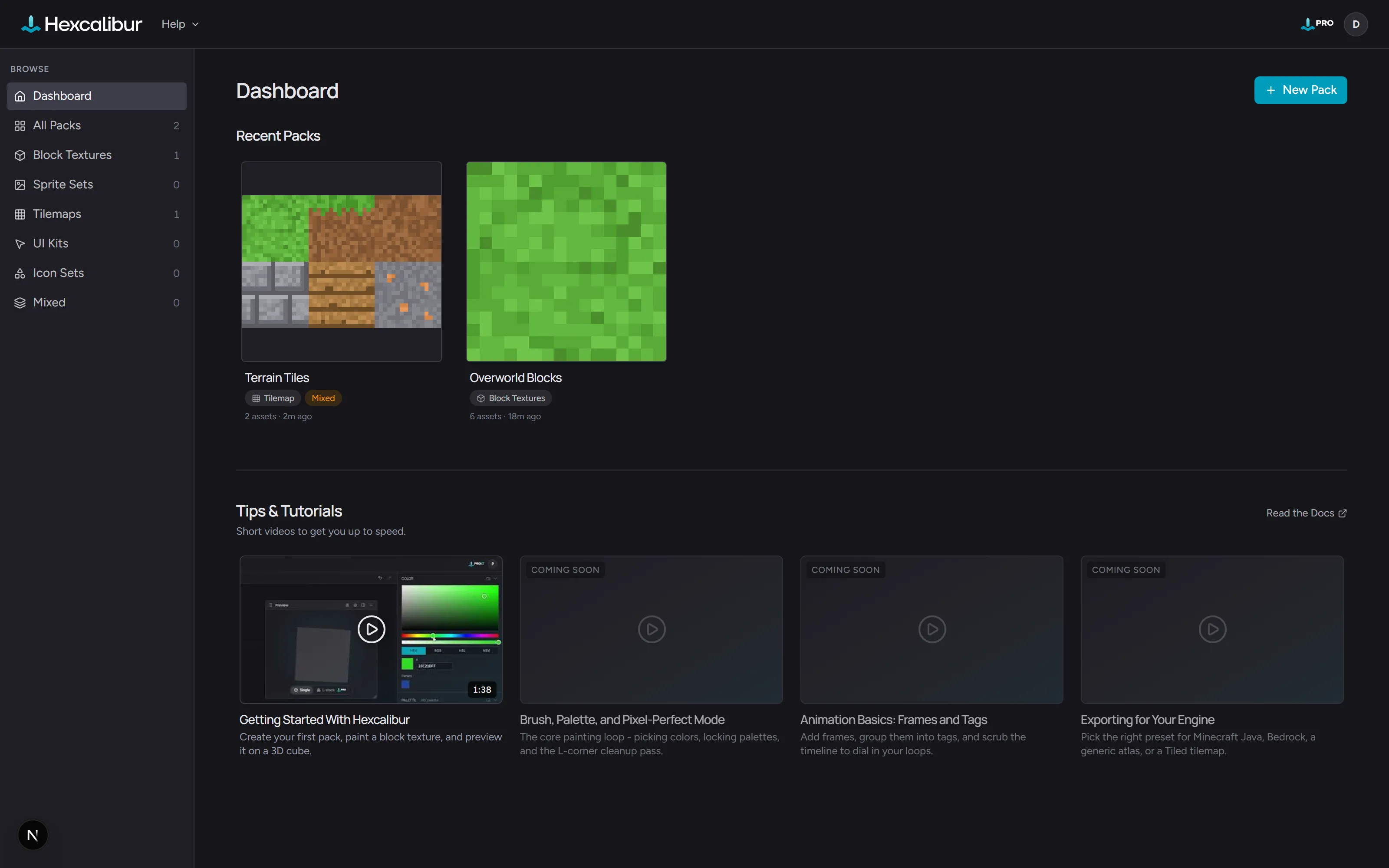The pack browser - recent packs as thumbnail tiles, the kind filter sidebar on the left, and the New Pack button top-right