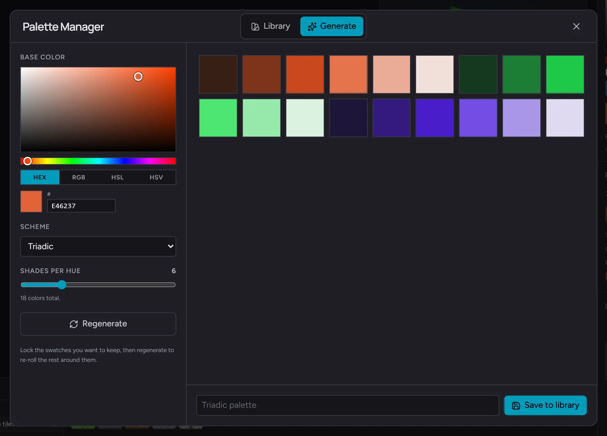 The Generate tab - base color picker, Triadic scheme, shades-per-hue slider, and the generated ramps ready to save to the library