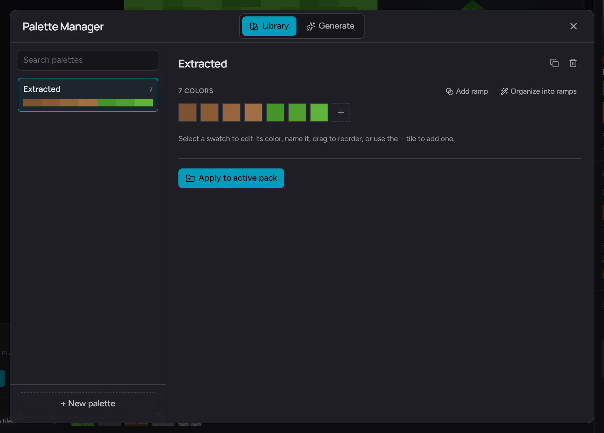 The Palette Manager's Library tab - saved palettes on the left, the selected palette's swatches and actions on the right