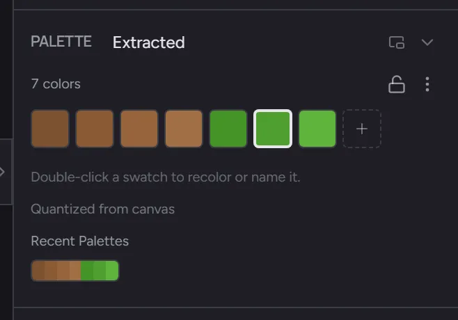 The Palette section with an extracted 7-color palette - the active swatch ringed, the lock toggle and generator menu in the header, and Recent Palettes below