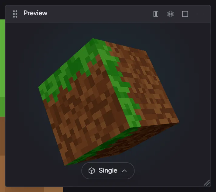 The floating 3D preview - a grass block rotating on the cube, the four header controls, and the shape pill at the bottom