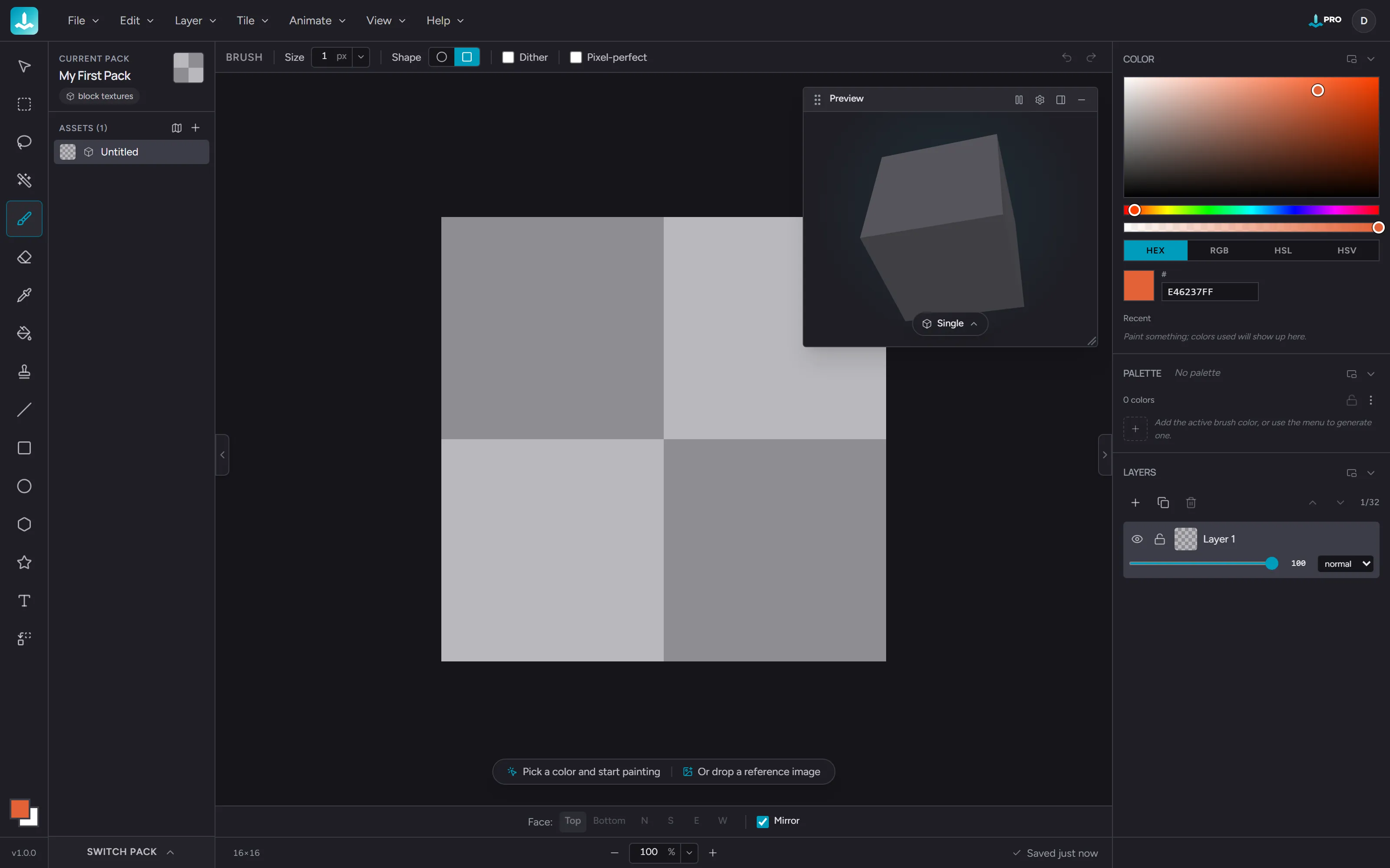 The editor right after opening the starter pack - the empty 16x16 grid in the center, tool rail on the left, the floating 3D preview top-right, and the Studio panel with Color, Palette, and Layers on the right