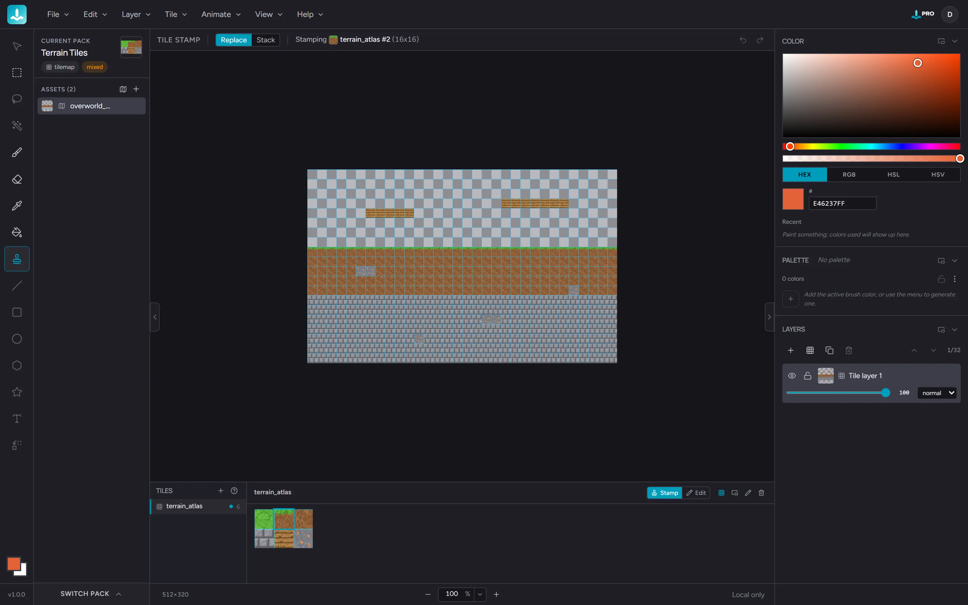 A tilemap mid-build - stamped terrain rows over the transparency checker, the armed tile ringed in the Tile Shelf's atlas, and the tile layer in the Layers section