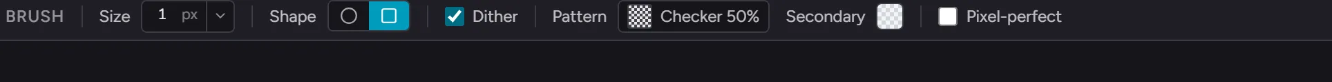 The tool options bar with the Brush active - size input, shape toggle, Dither on with the Checker 50% pattern and Secondary color slot, and the Pixel-perfect toggle