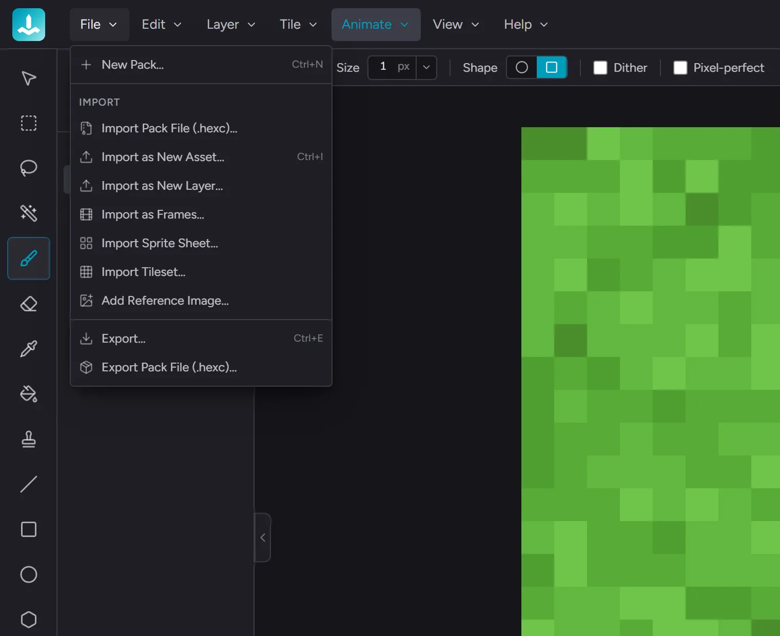 The File menu open - New Pack, the import group, and the export items, with keyboard shortcuts alongside